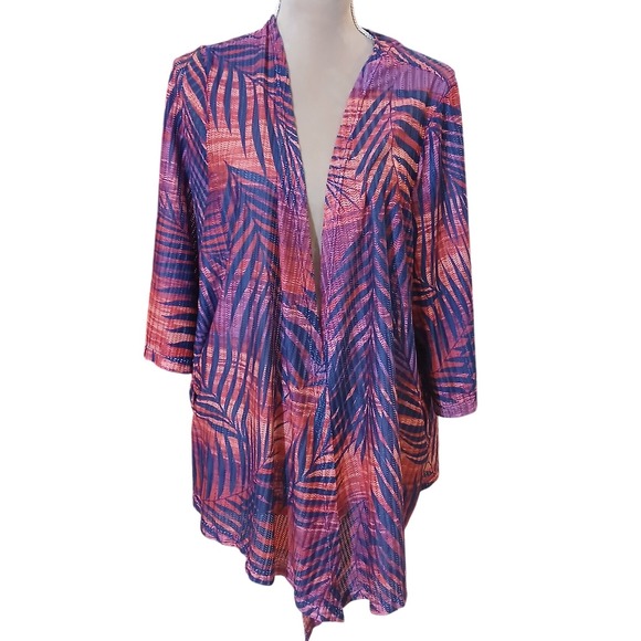 Catherines Sweaters - Catherines 2XWP Palm Leaf Print Open Front Lightweight Cardigan Cover Up Texture
